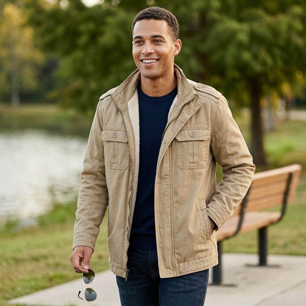 English Laundry Khaki Fleece Collared Full Zip Lined Jacket Men Size L